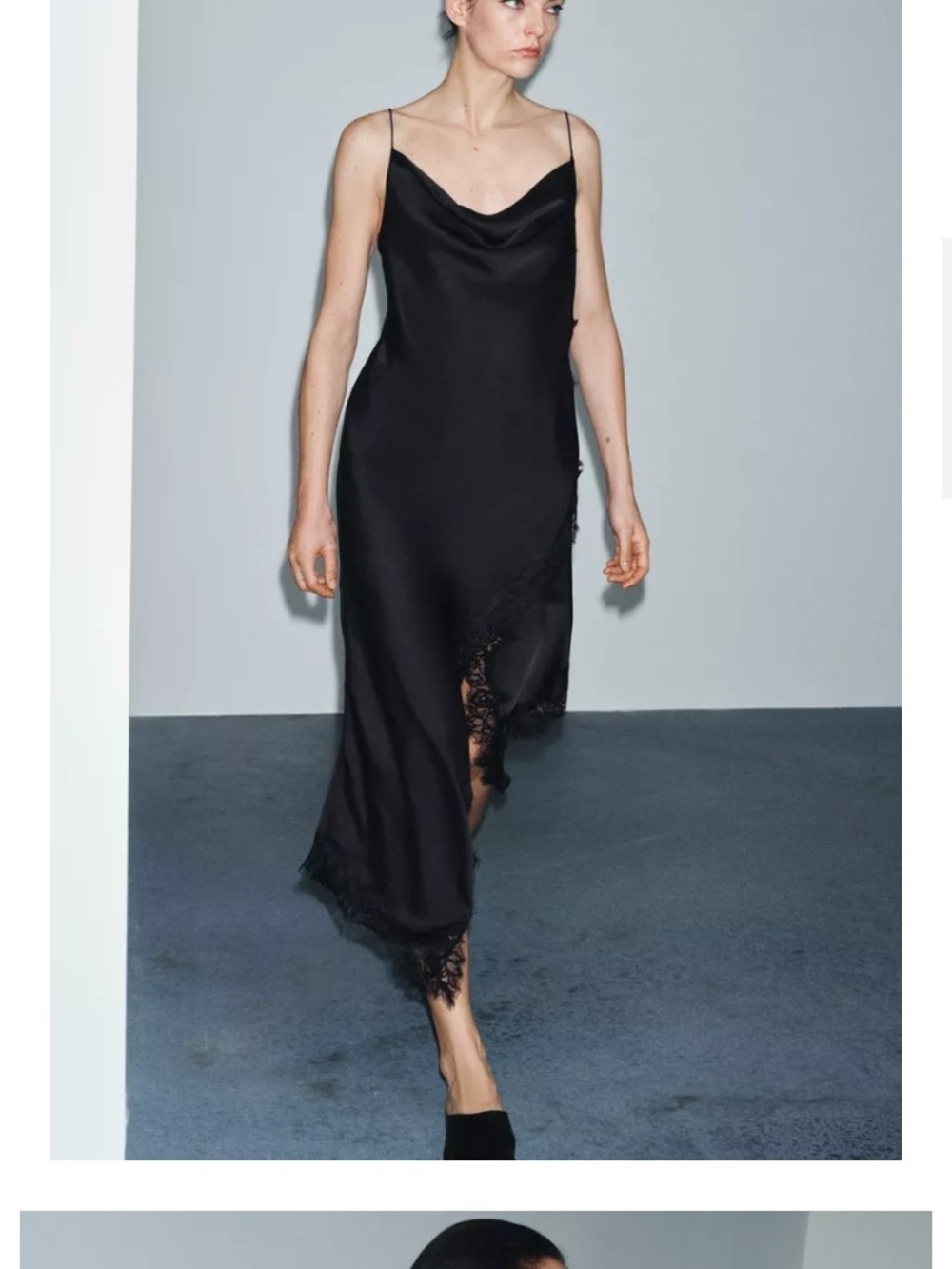 Zara Black Lace-Trim Midi Slip Dress - Picture 2 of 6